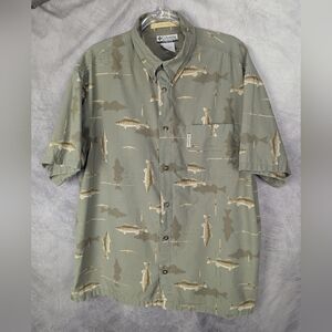 Columbia River Lodge Size Large Fish Print Button Down Shirt With Front Pocket